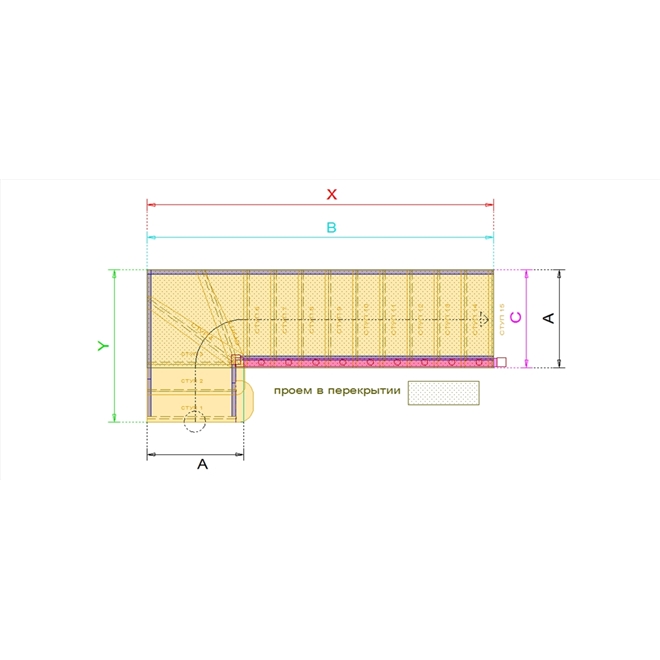 №2.1.1.2. Лестница с поворотом на 90 градусов, с забежными и прямыми ступенями